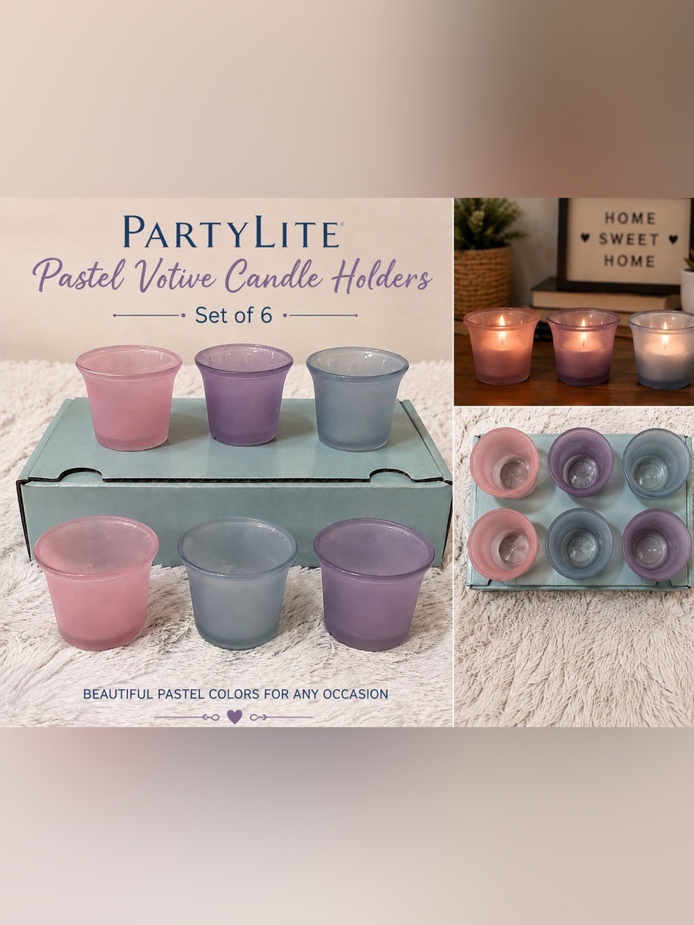 PartyLite Pastel Votive Candle Holders Set of 6 Pink Purple Blue Glass